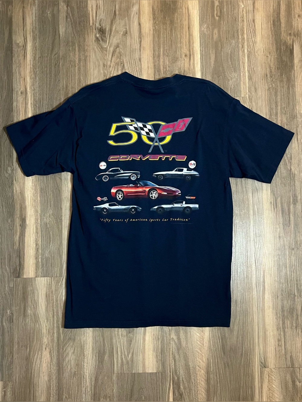 Official Corvette 50th Anniversary Mens Large Blue Graphic T-Shirt American Cars